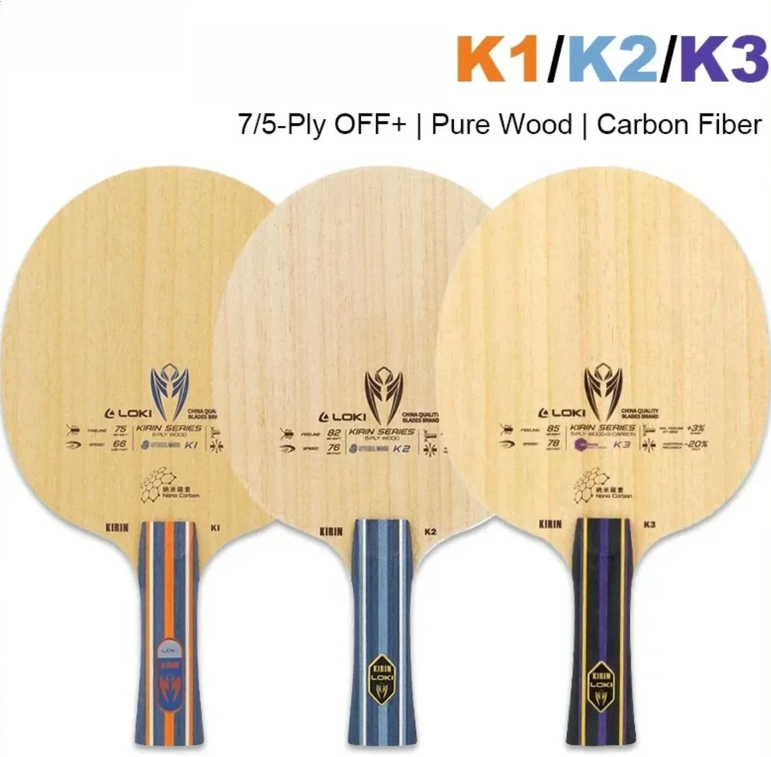 

Теннисная ракетка K1/K2/K3 FL Grip 7/5-слойная OFF+ для настольного тенниса, чистое дерево, углеродное волокно GNF, для начинающих