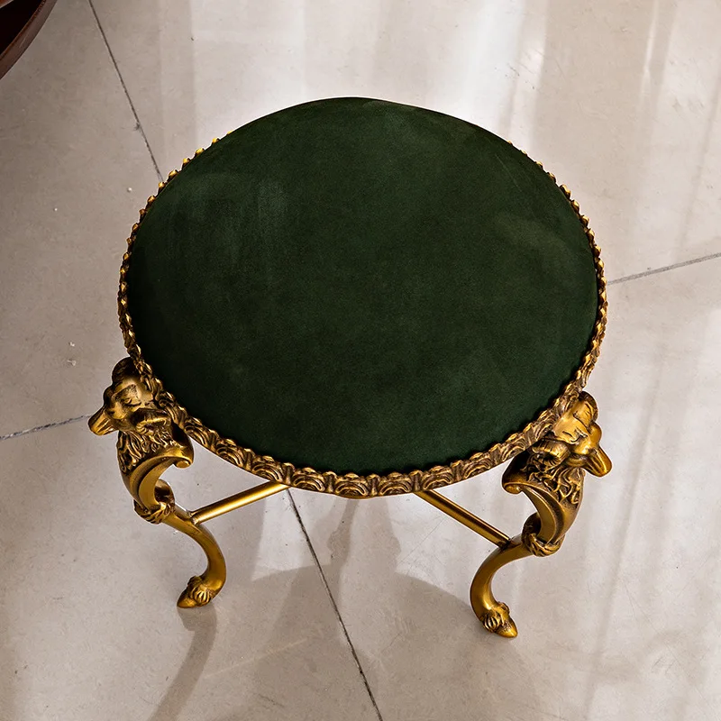 Mid-style round stool retro light luxury brass cowhide low stool home high-end luxury entrance door shoe stool