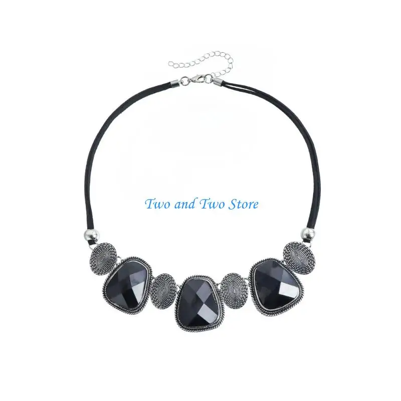 HX6F Vintage Bohemian Black Gemstones Necklace With Distressed Finish And Soft Velvets Rope Sweater Chain For Women