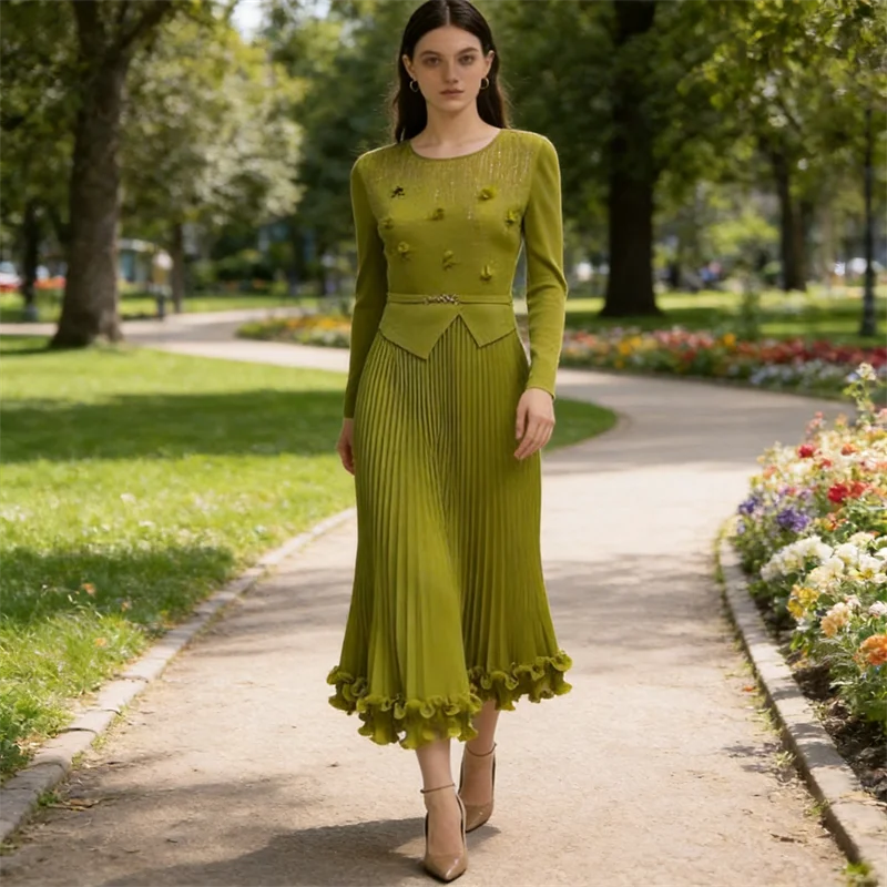 

Miyake Pleated Dress Women's 2026 New Fashion Lace Splicing Fake Two-piece Round Neck Short-sleeved Elegant Mid-length Skirt