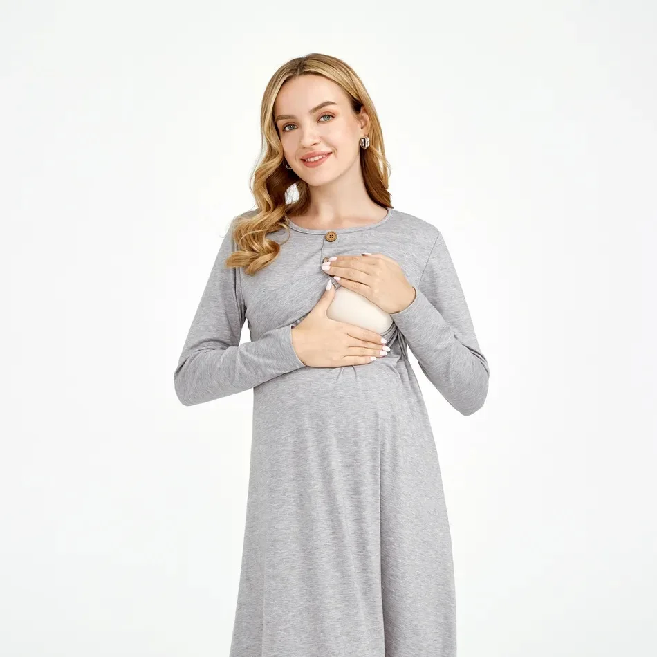 Summer Women\'s Solid Color Maternity Long-sleeved Dress Comfortable Beathable Round-neck Fashionable Breastfeeding Dress