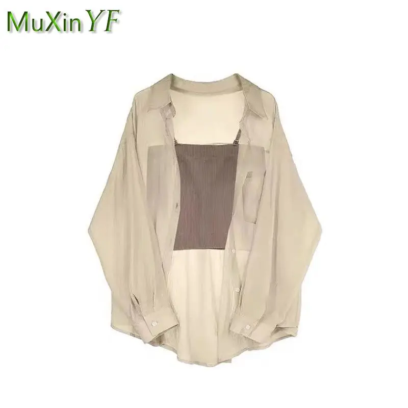 Camicia estiva da donna nuova Casual in Chiffon con protezione solare Top + cinturino + gonna Midi abito a tre pezzi 2024 abito elegante coreano