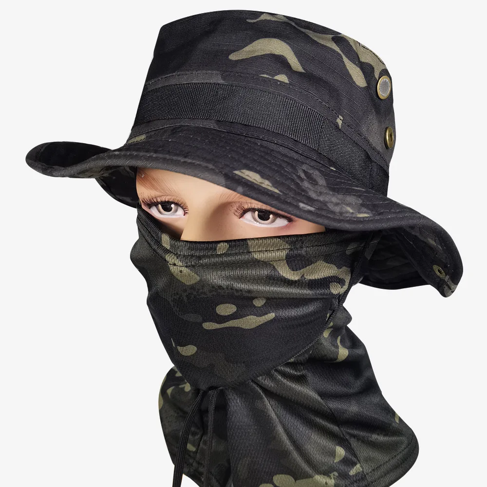 Camo Hat for Men W/ Cooling Neck Gaiter Wide Brim Camo Hat Face Scarf Mask Tactical Military for Running Hunting Fishing Outdoor