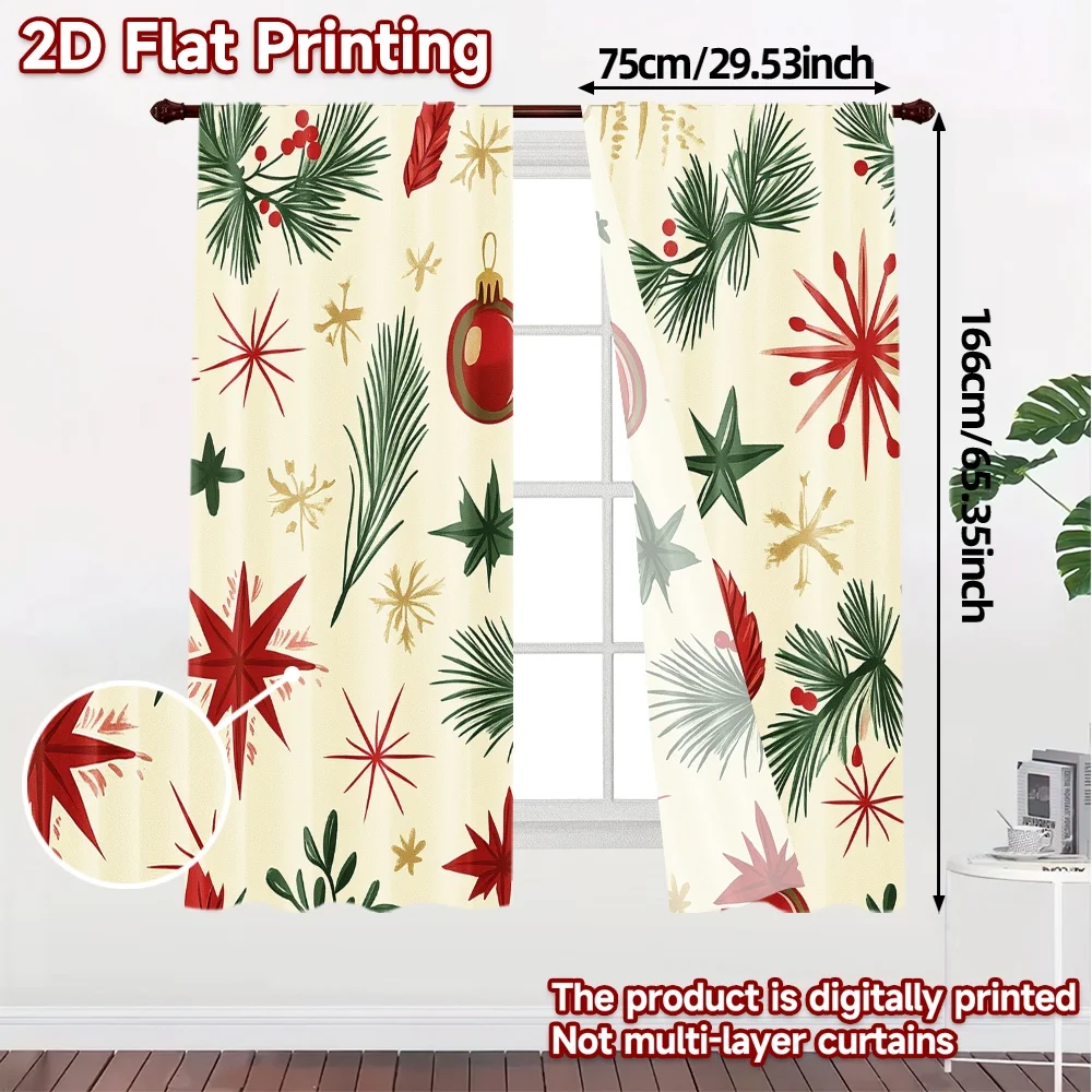 2pcs,Curtains Christmas Baubles Pine Branches Stars Popular Curtain Versatile Polyester Curtains Gifts Suitable for Grey,