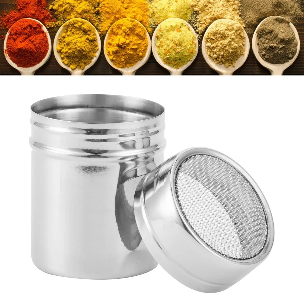 2pcs 304 Stainless Steel Powdered Sugar Shaker With Lid Fine Mesh Fine Mesh Dredge 195ml/345ml Seasoning Shaker For Coffee Bar view 4
