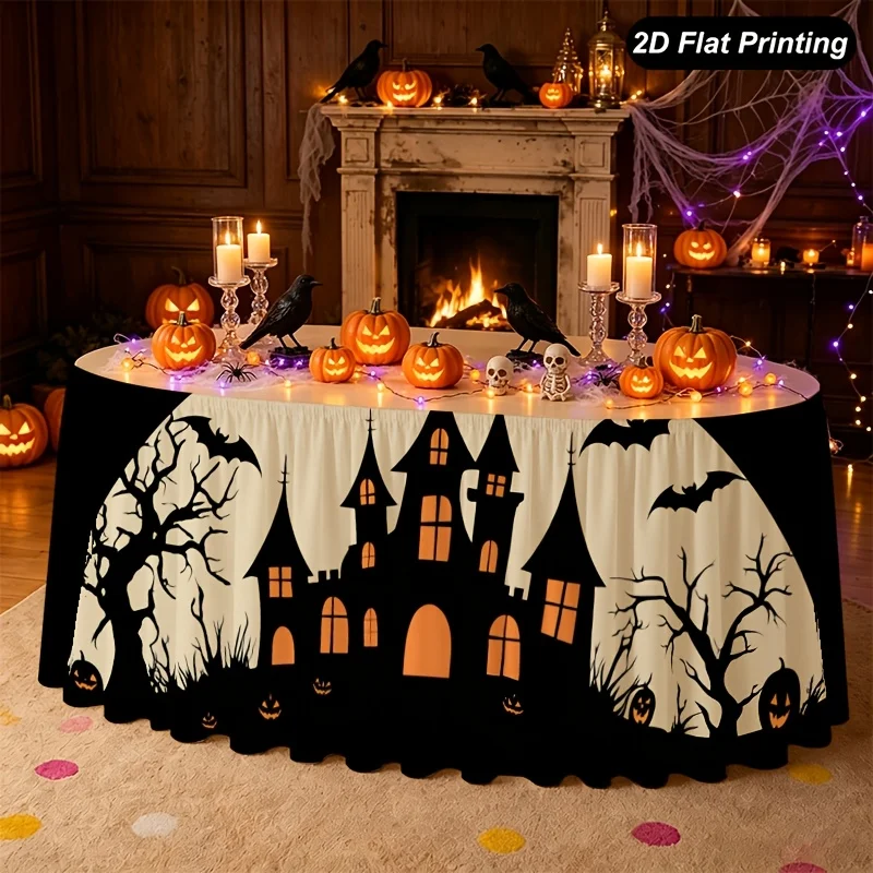 Halloween table skirt, full moon Halloween castle bat owl pumpkin dark pattern