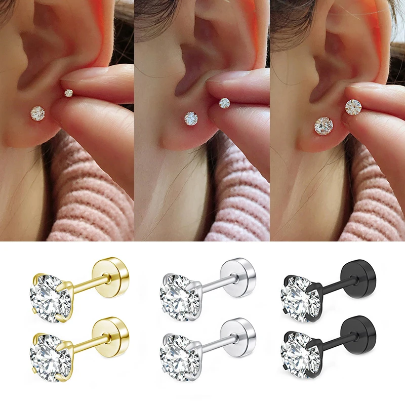 1 Pair Surgical Steel Dumbbel Round Crystal Zircon Studs Earrings For Women/Men 4 Prong Tragus Cartilage Piercing Jewelry