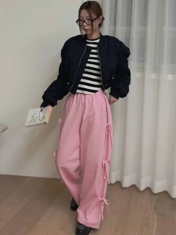 Eleganckie letnie nowe spodnie z kokardką, elastyczną talią, prostymi nogawkami, długie spodnie w stylu ulicznym.