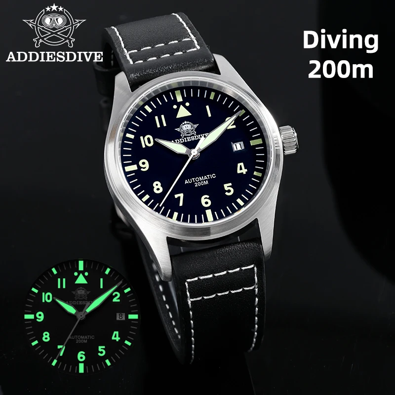 

ADDIESDIVE Men's Automatic Mechanical Watches Super Luminous 39mm Sapphire Glass Leather 200m Waterproof Fashion Watches For Man