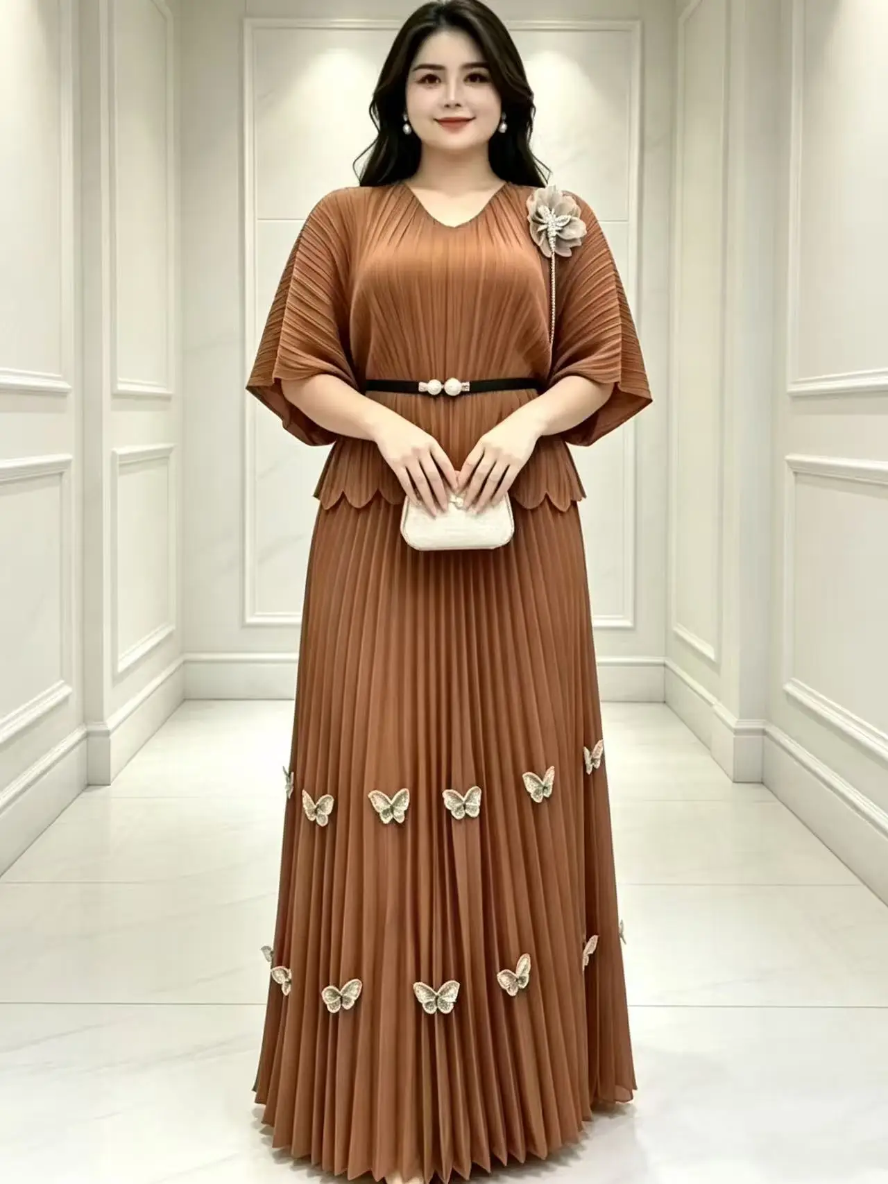 2026 Miyake Summer New Women's Dress Set Printed V-Neck Fashion Loose Folded Long Dress Two-piece Set