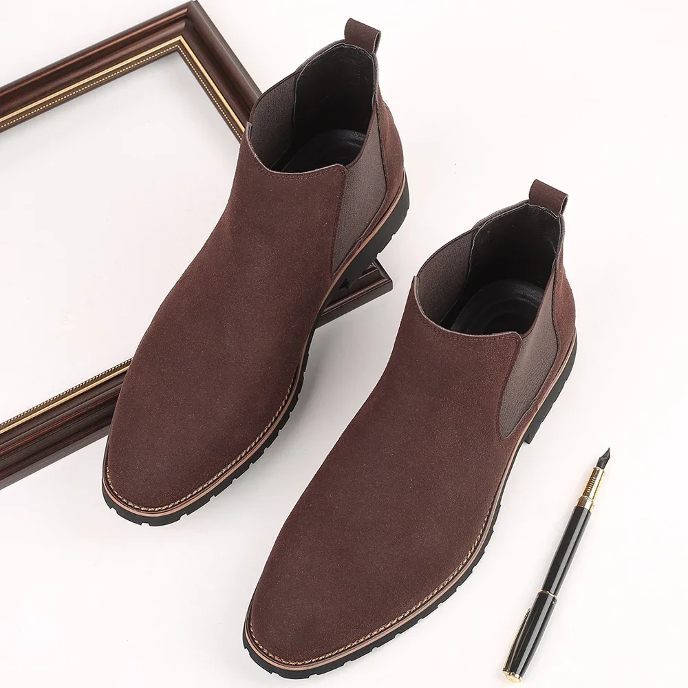 Black Classic Suede Men Chelsea Boots Male Ankle Shoes Leather Casual Men Boots Formal Dress Shoes Wedding Sleeve Cowboy Boots