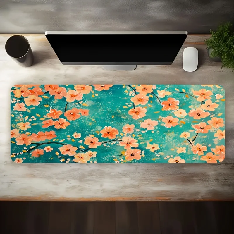 1pc Large Gaming Desk Mat Blue Pink Floral Hand Painted Non Slip Washable Rubber Base Office Computer Decor Mouse Pad