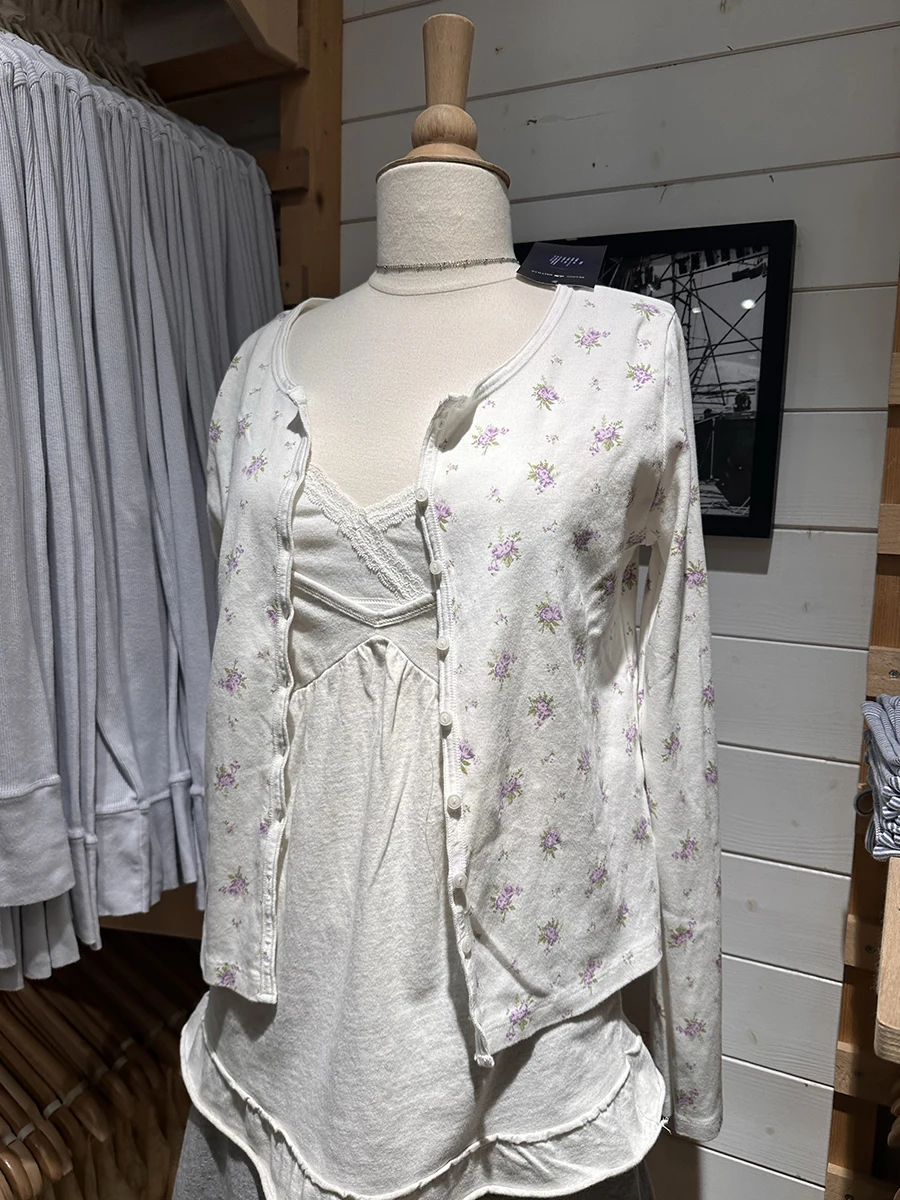 الأرجواني الأزهار سترة طويلة الأكمام تي شيرت المرأة الجديدة مغرفة الرقبة واحدة الصدر تي شيرت الحلو القطن عادية سليم التي شيرت بلايز #3