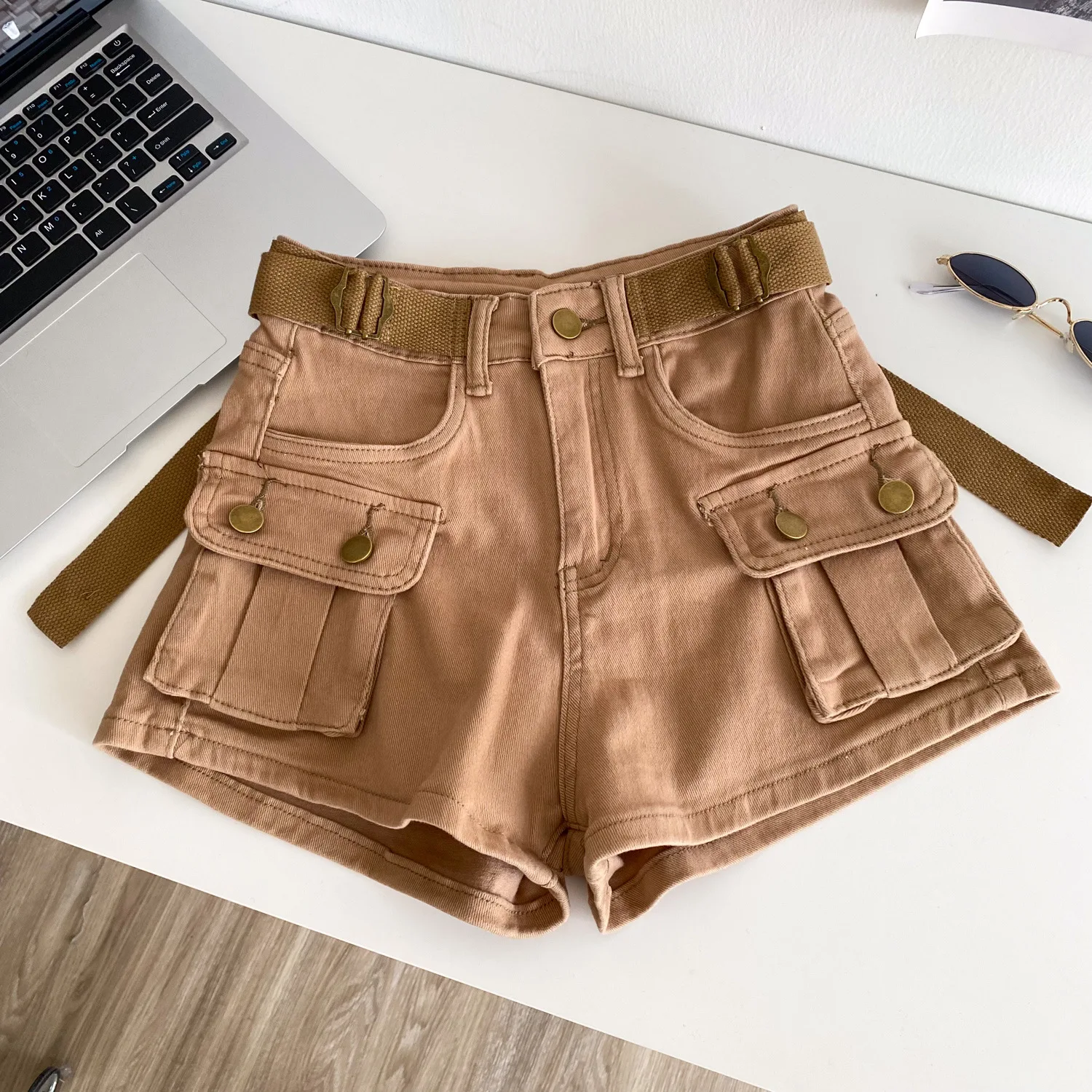 Women Denim Shorts Solid Cargo Short Button Pocket Mini Length Zipper Fly Empire Waist Loose Fit Streetwear Casual 2026 Summer