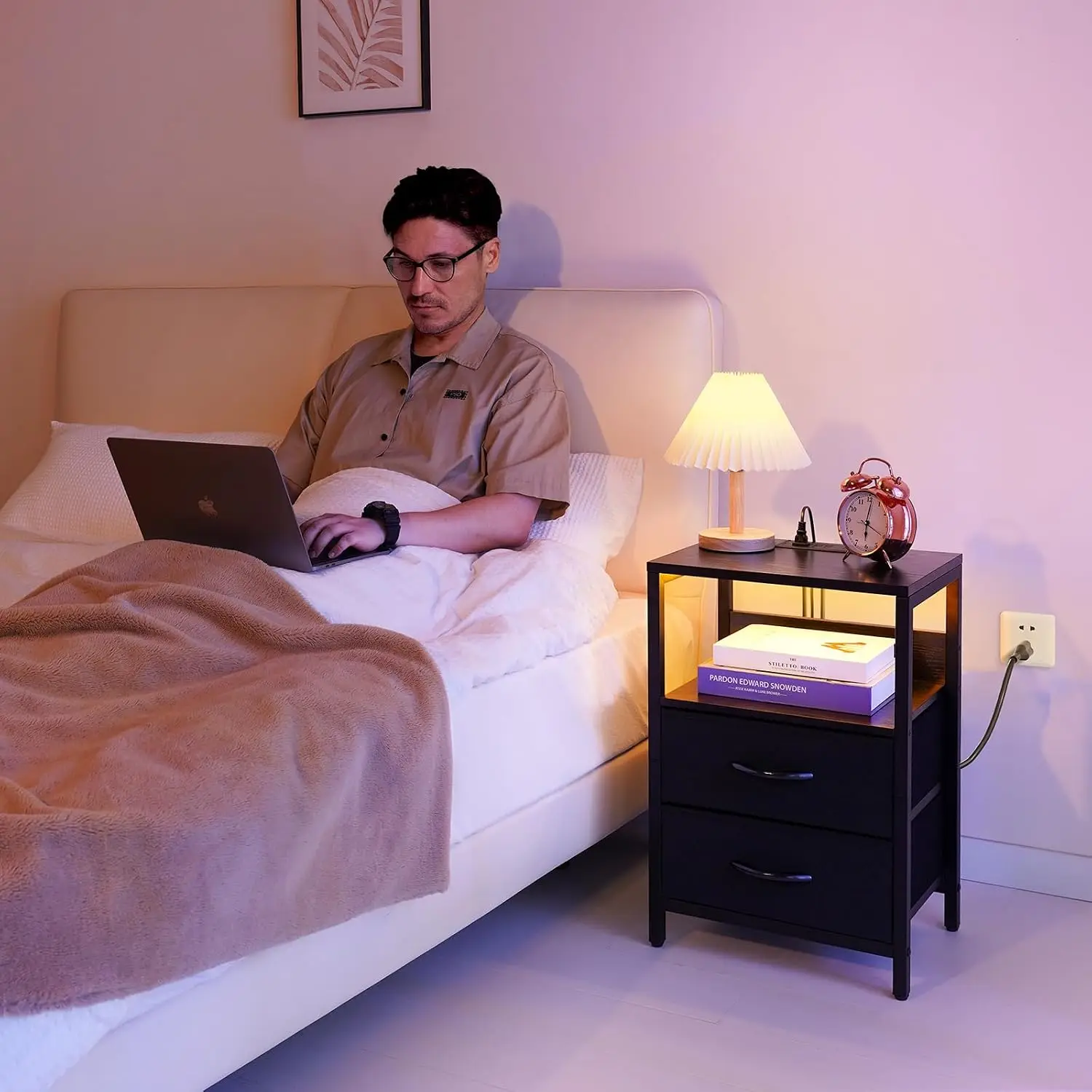 LED Nightstand with Charging Station, USB Ports & Outlets, Fabric Drawers & Shelf for Bedroom, Small Bedside Table, Easy Assembly view 2
