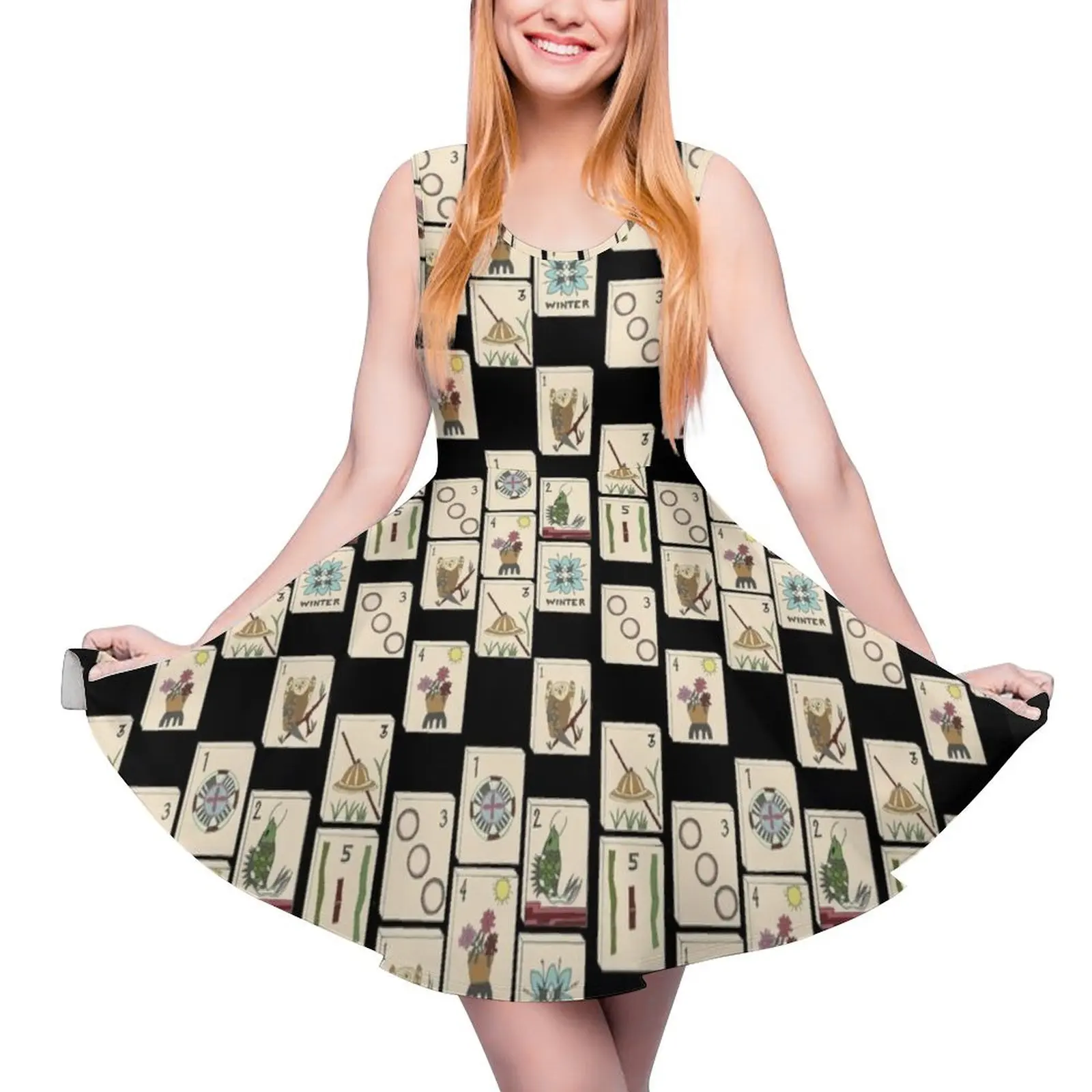 Mahjong Majong-vestido sin mangas con patrón de azulejo negro para mujer, traje de verano para fiesta de boda