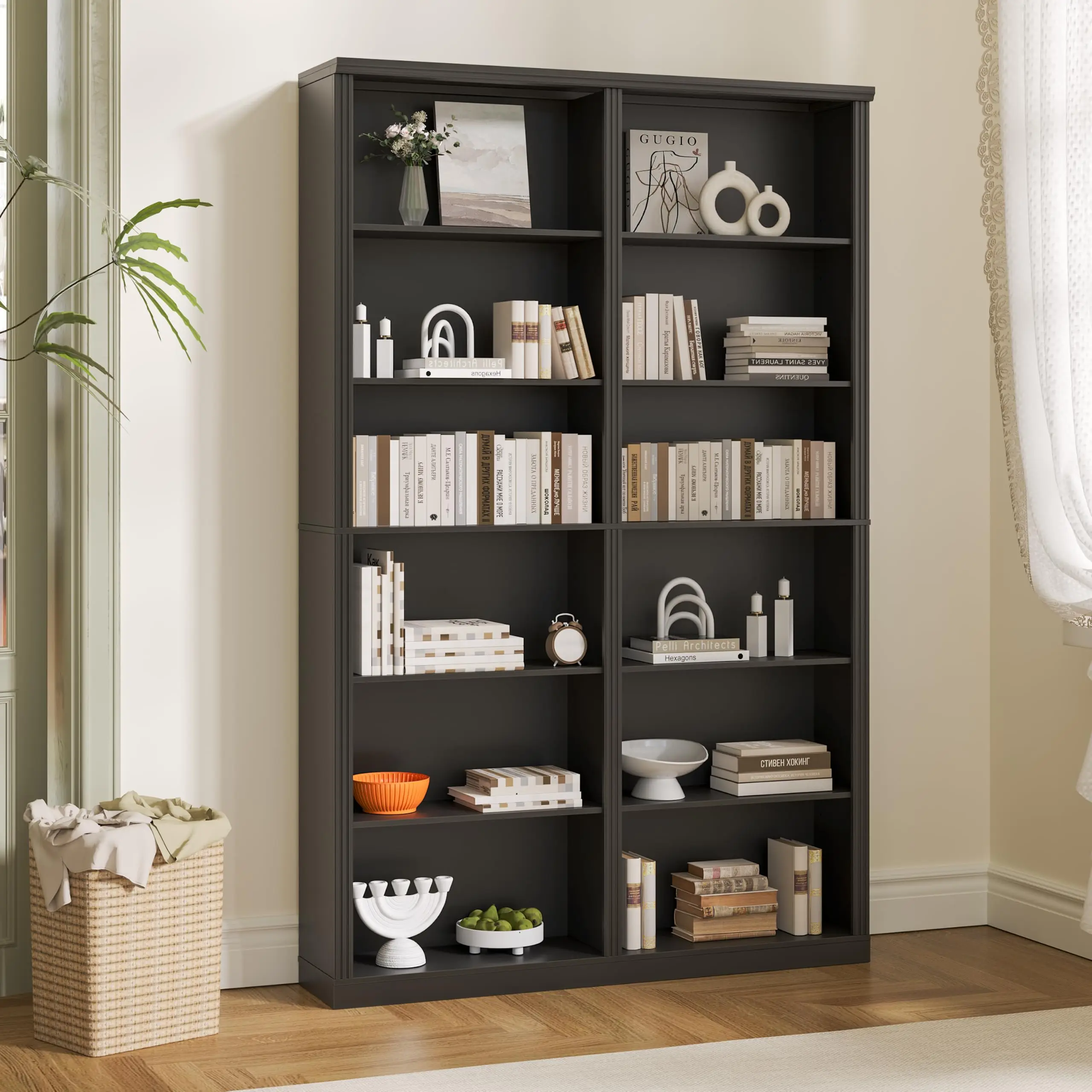 Black Bookshelf, 47''Wide Bookcase, 12-Tier Adjustable Storage Shelves, Book Shelf with Anti-Tipping Device, Floor Standing