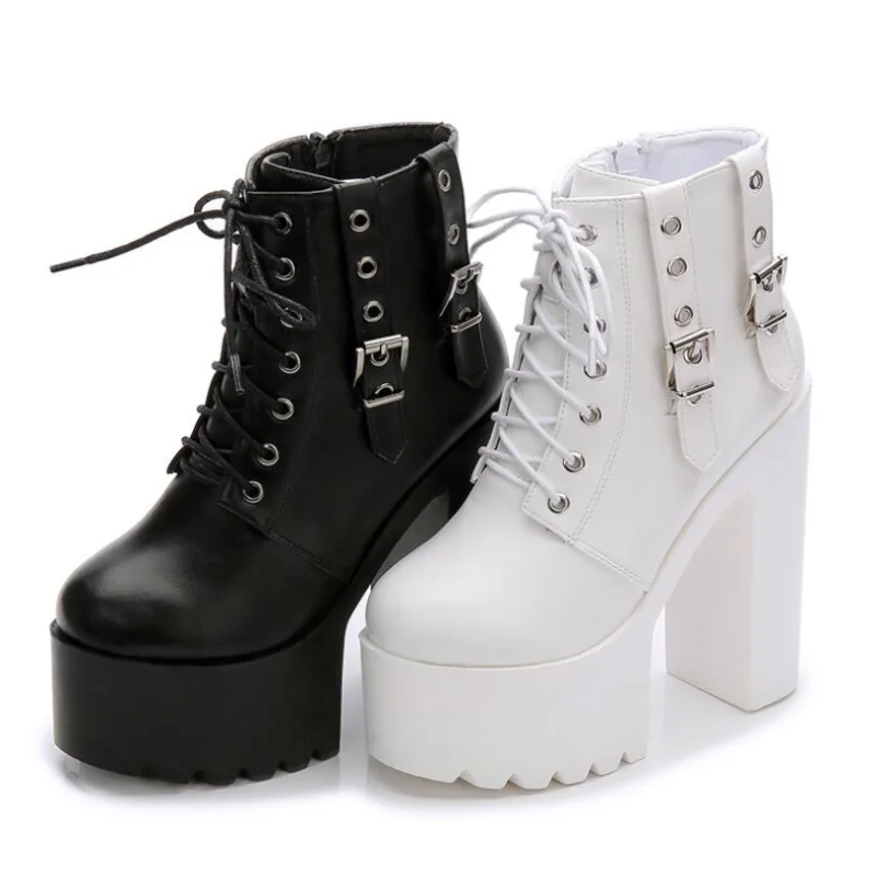 New Women Black White Ankle Boots 14cm Super High Heels Square Heels Boots Zip Rivet Insole Sexy Women Boots