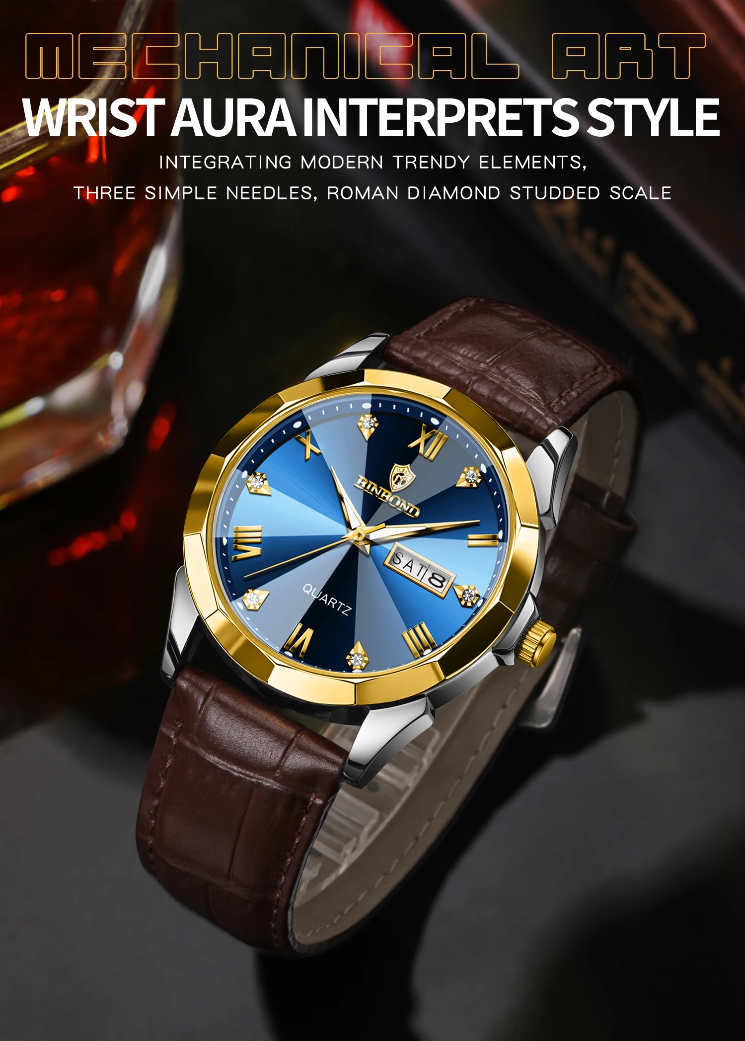 BINBOND Original Auto Date Week Display Men's Watch Reloj Hommes Leather Quartz Watches For Men Luxury Luminous Waterproof +Box