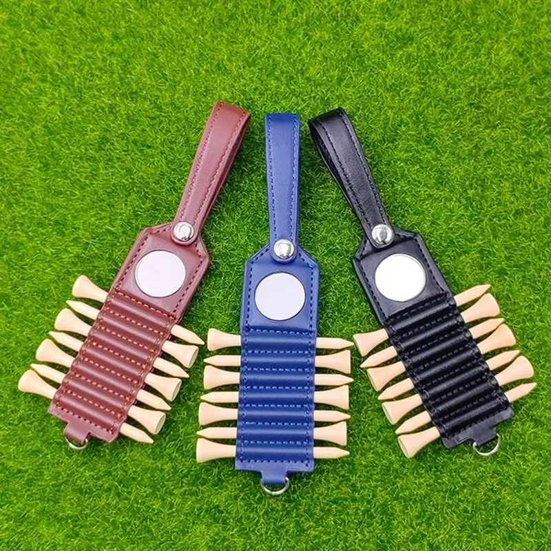 Pegangan kulit penyimpanan Tee Golf, Set isi 7, termasuk 7 Tee dan tag bola, bagian tas Golf warna biru