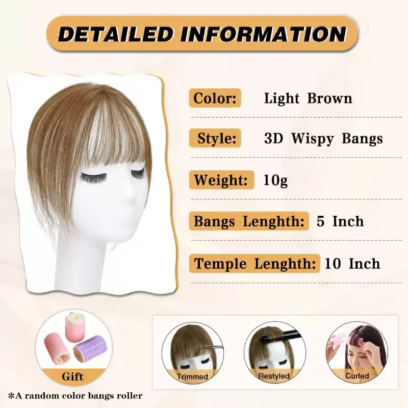 Real Human Hair Air Bangs Topper Wispy French Bangs Hand Tied Hair Piece 360 Coverage Clip in Hair Extension Women 10 Inch