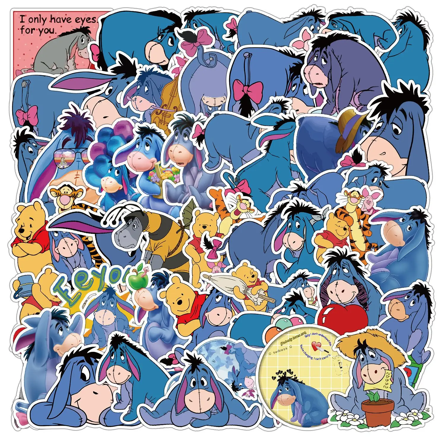 50PCS Kawaii Disney Pooh Bear Calm Old Gray Eeyore Stickers DIY Laptop Phone Scrapbook Decoration Sticker Cartoon Kids Toy