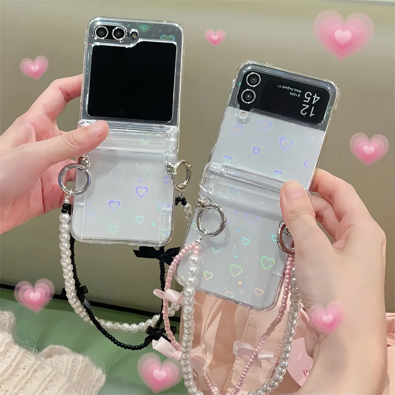 Fashion Laser Love Heart Cards Pearl Bracelet Phone Cases For Samsung Galaxy Z Flip 5 4 3 Z Flip5 ZFlip5 Insert Cards Hard Cover