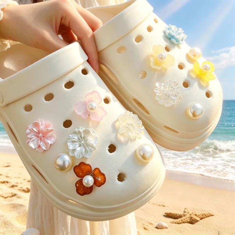 13PCS DIY Hole Shoe Charms Set Sweet Pearl Camellia Rose Flower Designer Quality Garden Shoe Decorations Gift for Girls