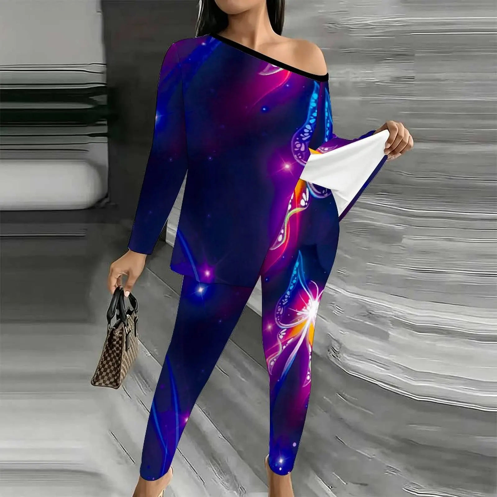 Winter Diagonal Collar Long Sleeved Elegant Two-piece Set Women's Fashion Printed Jogging Pants Autumn Off Shoulder T-shirt