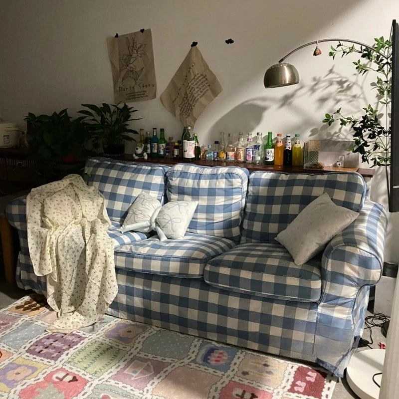French pastoral blue and white lattice dismantling and washing cream wind fabric B & B small apartment living room simple