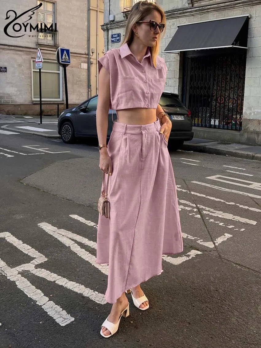 Oymimi Casual Pink Cotton Hemp Sets Womens 2 Piece Fashion Sleeveless Pockets Crop Shirts And Simple Ankle-Length Skirts Sets