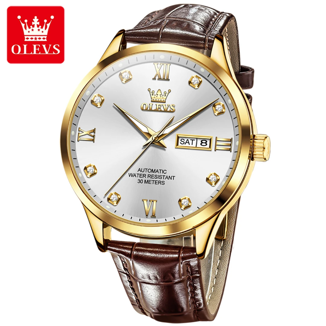 

OLEVS 9946 Механические модные часы, подарок, ремешок для часов из натуральной кожи, наручные часы с круглым циферблатом, дисплей недели, светящийся календарь