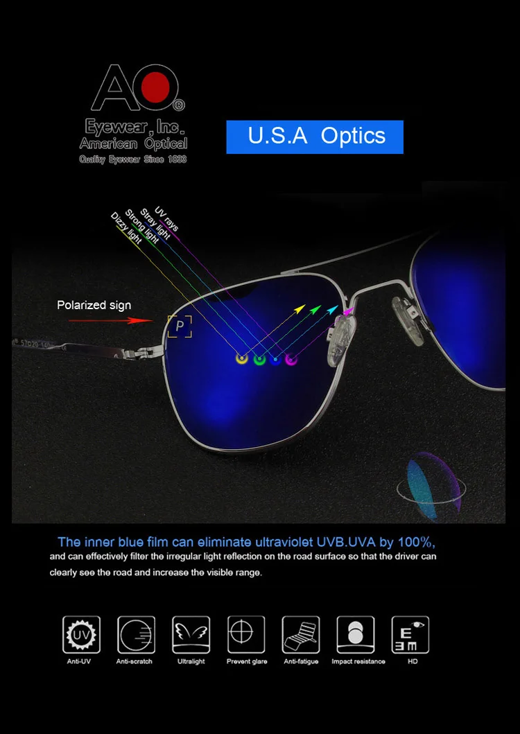 Ao Sonnenbrille Mann amerikanische Armee Militär Luftfahrt Pilot polarisierte Sonnenbrille Frau Luxusmarke Vintage Metall Titan Rahmen – Detail 3
