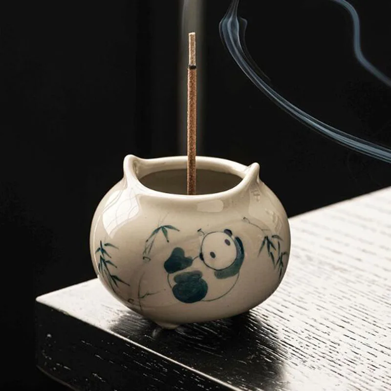 Plant Ash Color Porcelain Sandalwood Stick Incense Holder Panda Pattern Double Ear Censer Fragrance Item Home Decor