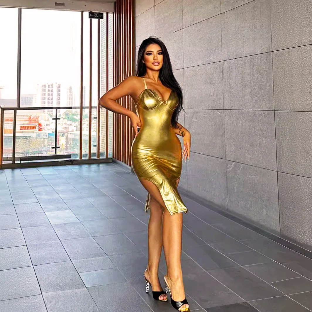 Golden camisole dress with cross over backless slit tight fitting skirt for women