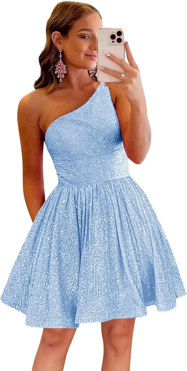 

Sparkly Sequin One Shoulder Homecoming Dresses Short Prom Dress Mini Cocktail Party Gown Evening Dresses Graduation Dress