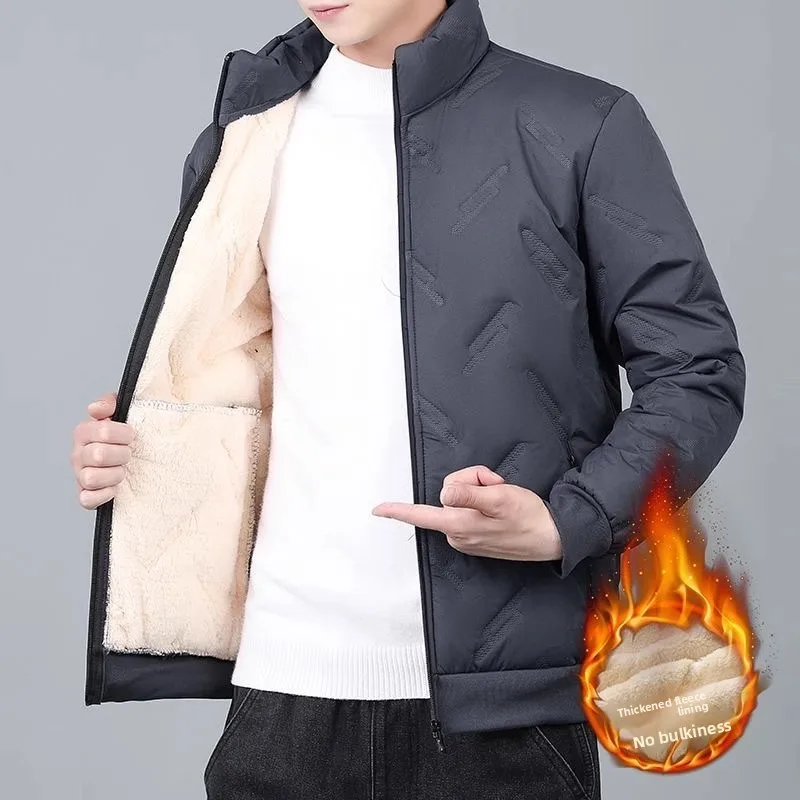Men's Thickened Lamb Velvet Cotton Jacket Windproof Waterproof Warm Workwear Casual Style Long Sleeve Stand Collar Coat