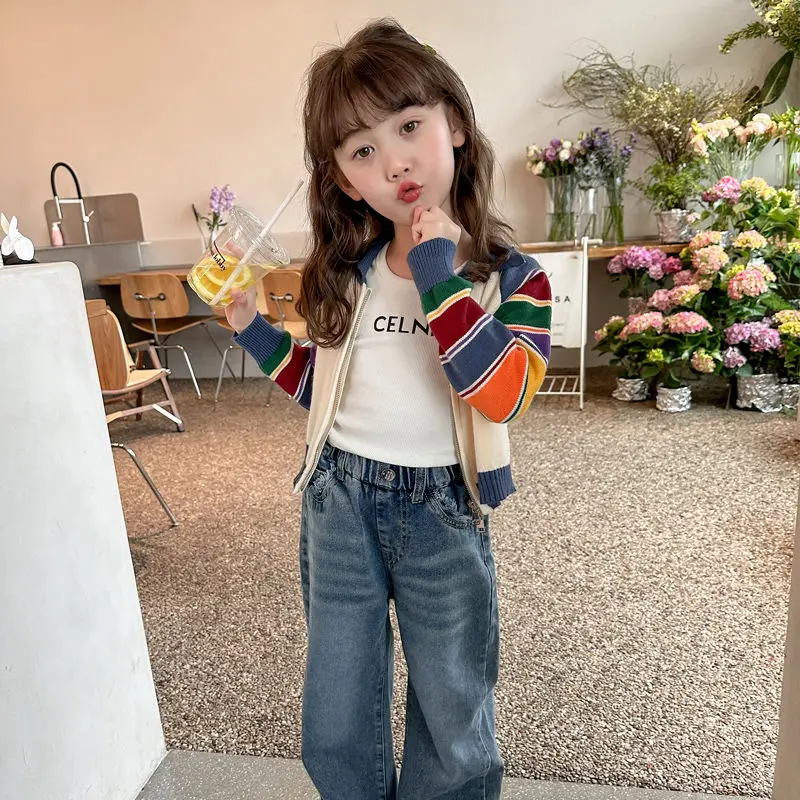 Autumn Winter Fashion Korean Kawaii Girls Cardigan Patchwork Kids Tops Casual Long Sleeve Sweaters Cute Y2K Children\'s Clothes