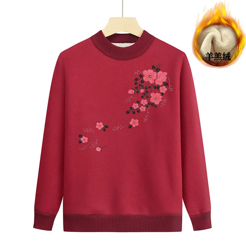 Autumn Winter Pull Femme Plush Thick Base Sweater Middle-aged Mother Casual Printed Warm Pullover Knitting Tops Women Jumper