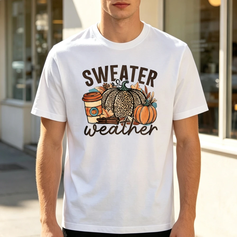 Sweater Weather Halloween Tshirt Leopard Pumpkin Fall Coffee Maple Leaf Graphic Autumn Season Unisex Casual Tees Tops Gift Man