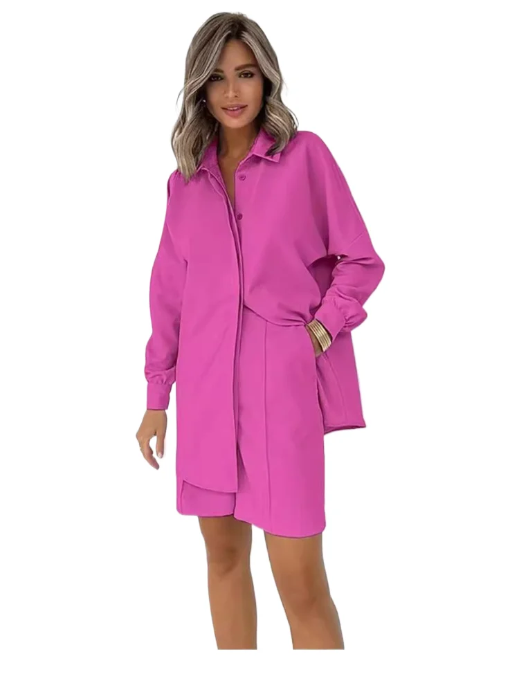 

Fashion Solid Color Shirt Women's Sets Casual Loose Two Piece Set Long Sleeve Of Long Top Shorts Set Autumn Ladies Outfitshorts