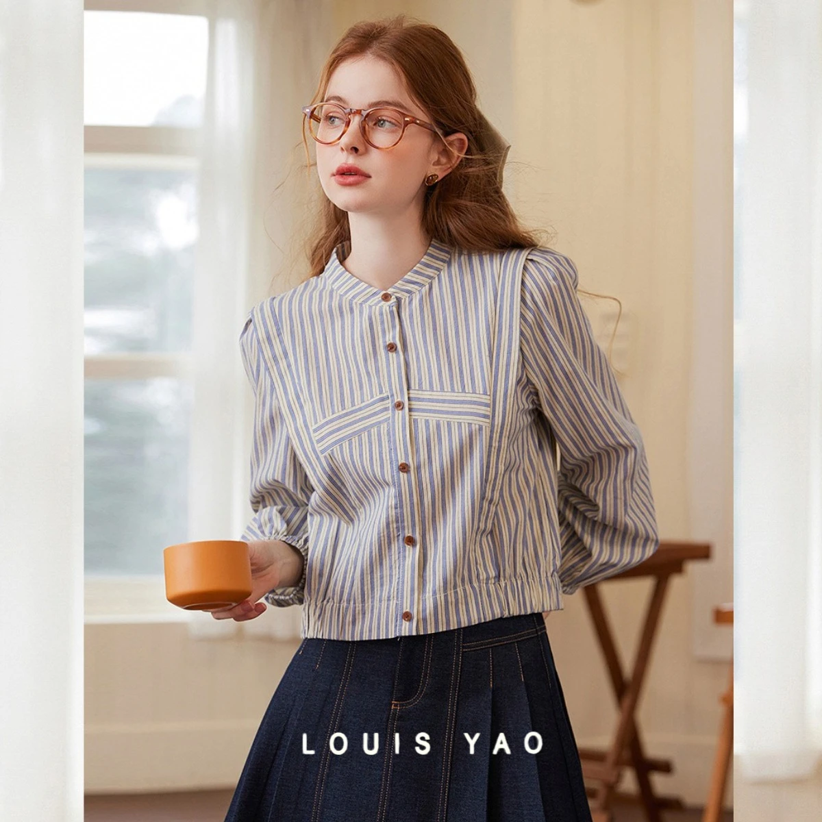 

LOUIS YAO Plaid Contrast Colour Shirts 2025 Spring New Retro Fashion Long-sleeved Women's Shirt Round Neck Non-stretch Women Top