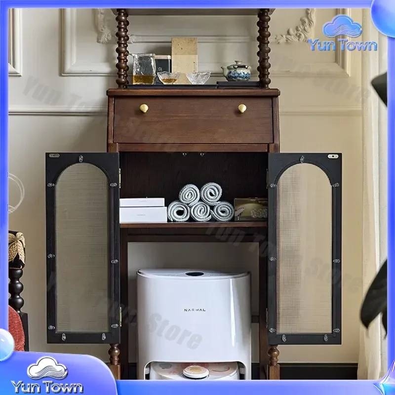 Retro Solid Wood Sweeping Robot for Narwal Stone for Robot Vacuum Cleaner Storage Cabinet with Dragging Shelter Living Room