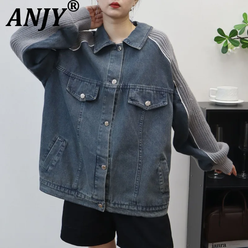

ANJY Autumn Winter New Women Tide Patchwork Denim Knitted Cardigan Jackets Niche Chic Casual Mid-Length Sweater Coats Ins A12688