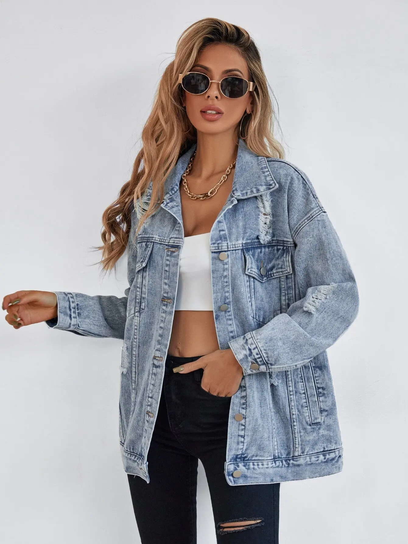 

Women's Distressed Denim Jacket with Drop Shoulder and Front Flap Pockets, Blue Button-Up