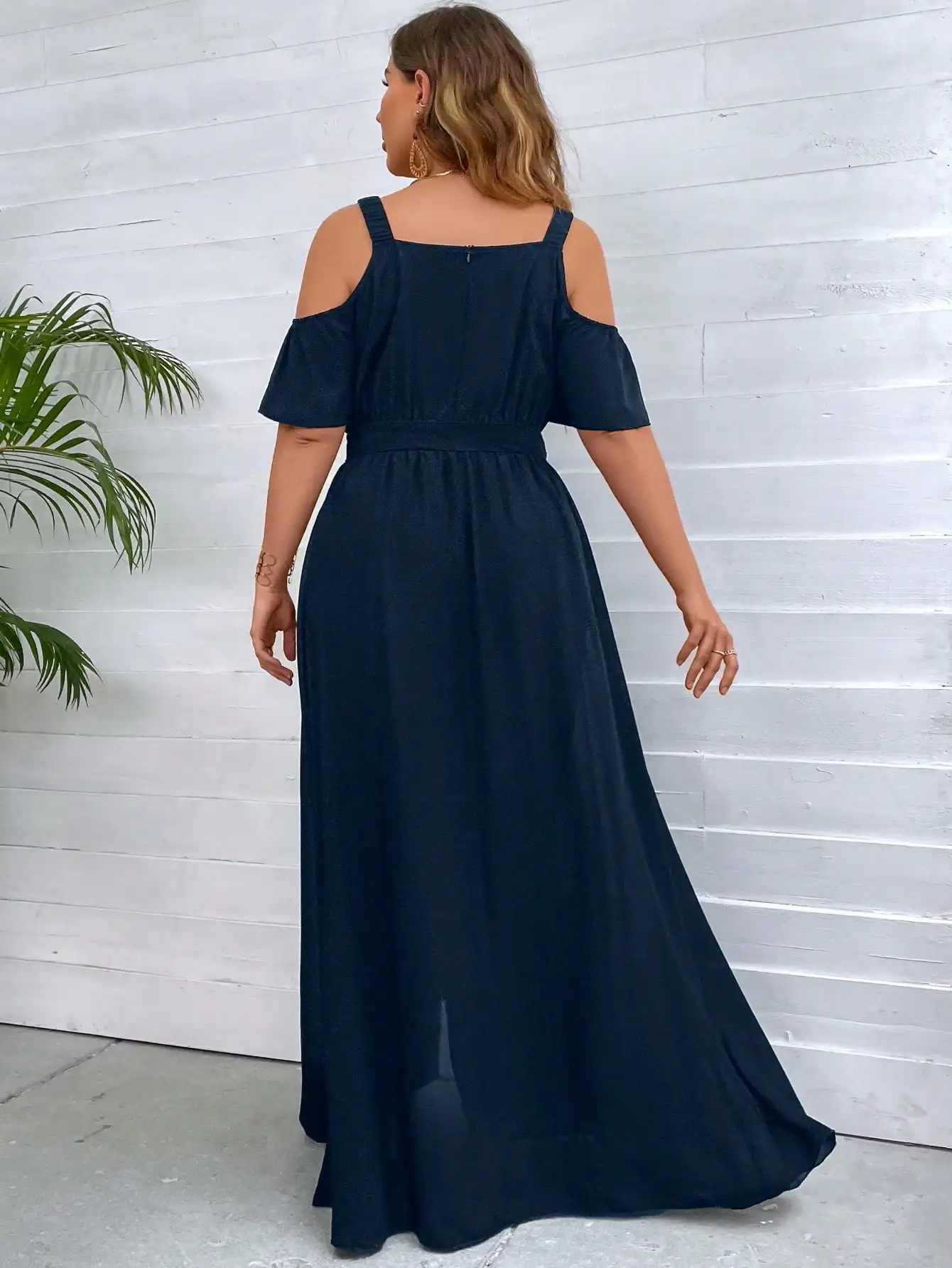Plus Size Cold Shoulder Chiffon Overlay Jumpsuit, Elastic Waist Tie Front Wide Leg Party Jumpsuit