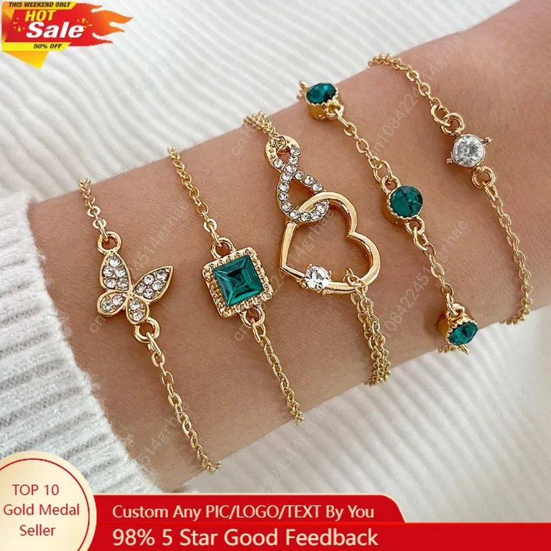 

5PCS/Set Rhinestone Butterfly Bracelet Set for Women Korean Fashion Designer Adjustable Bead Bracelet Luxury Original Jewelry