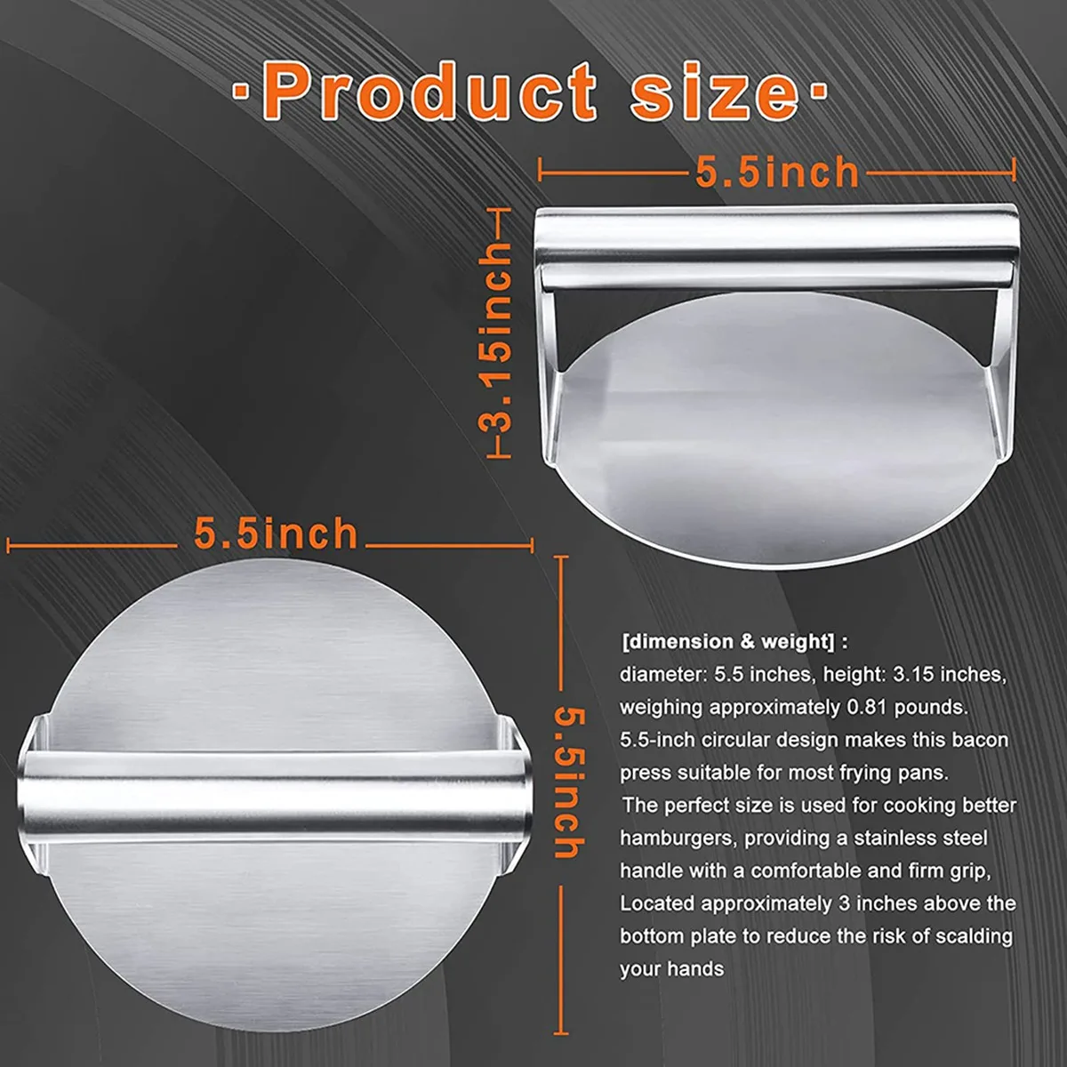 Stainless Steel Burger Press, 5.5 Inches, Round Burger Smasher, Non-Adhesive Bacon and Grill Press for Steaks,