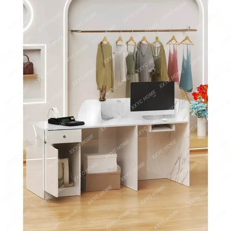 XXModern Reception Desk with Counter, Solid Wood Retail Counter with Lockable Drawer & Shelves, White Front Desk for Checkout