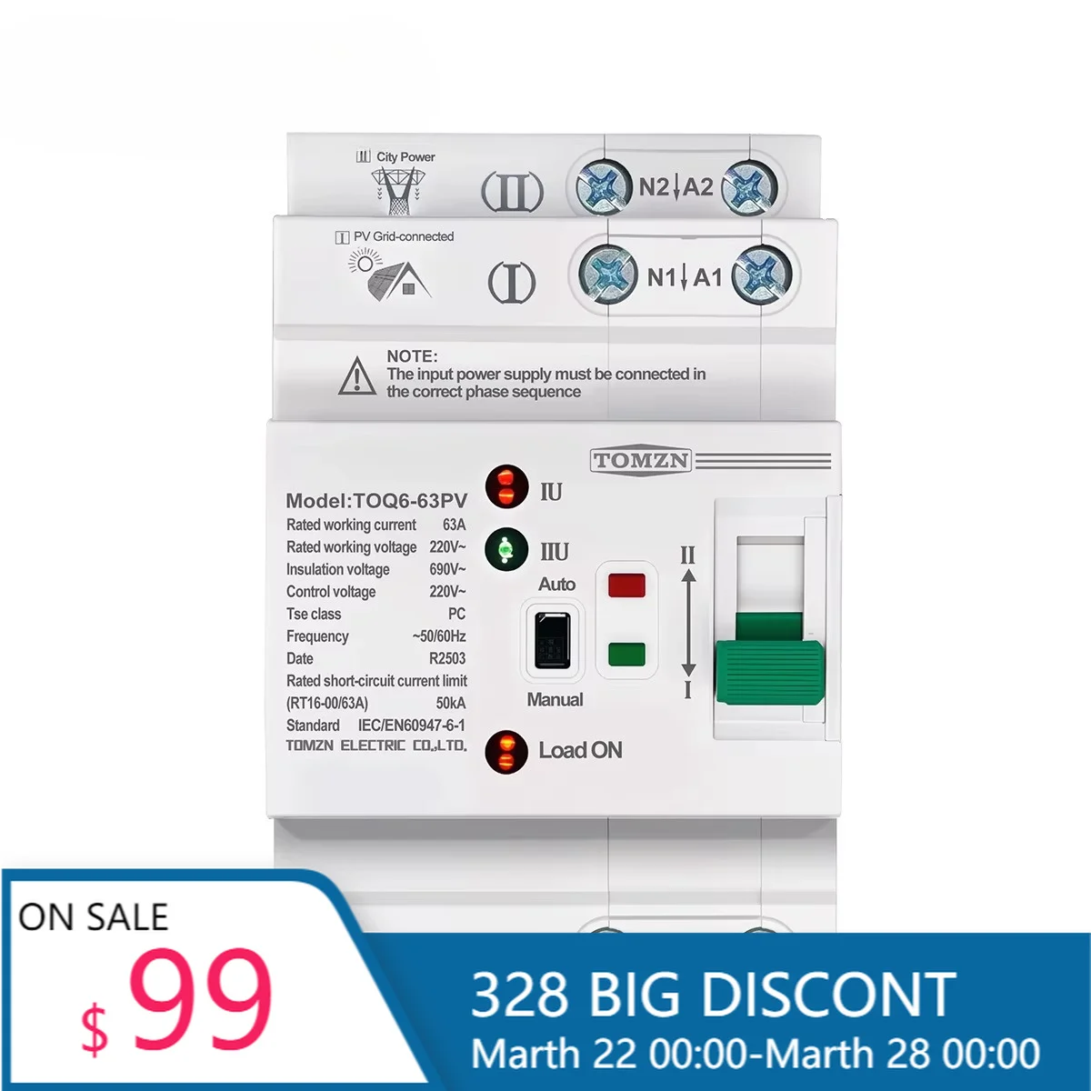 TOMZN TOQ6 2P 63A Din Rail ATS 220V L&N Dual Power Automatic Transfer Switch PV Uninterrupted Selector